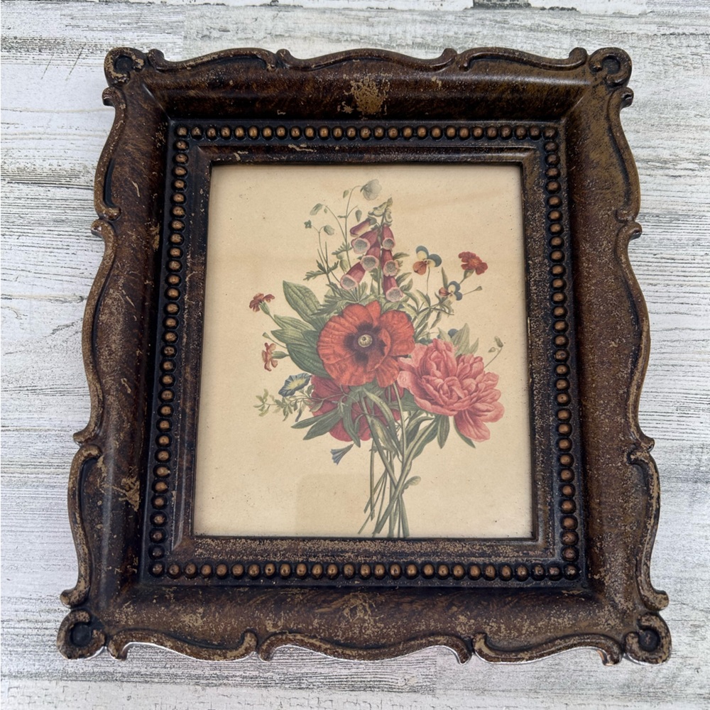 VINTAGE 1940s FRAMED T.L. PREVOST PRINT OF FLOWER BOUQUET 12x14 Wood Frame